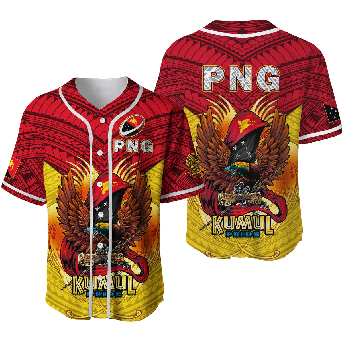 Red-and-yellow Kumul Pride rugby baseball jersey, button front, PNG chest logo
