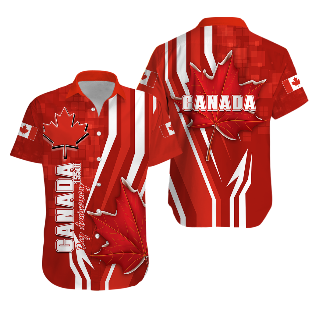 Red unisex Hawaiian shirt with Canada text, maple leaf and flag graphics
