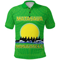 Grünes Polo-Shirt mit Frontprint „MATASAUA“ und „MANU'ATELE“