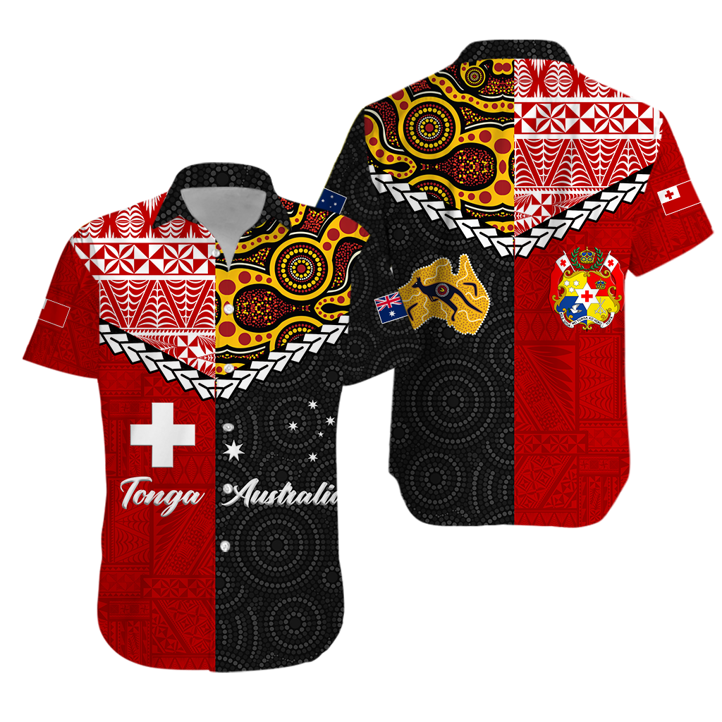 Red unisex Hawaiian shirt with bold Aboriginal-style graphics, geometric patterns