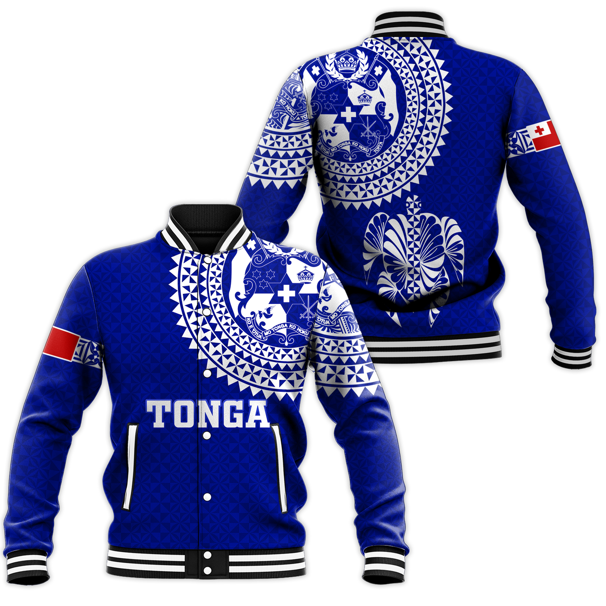 Blue unisex baseball jacket with white Tonga turtle emblem and patterned sleeves