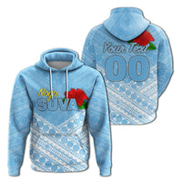 Blue rugby hoodie with tapa pattern, 'Nogu Suva' graphic and red flower on chest