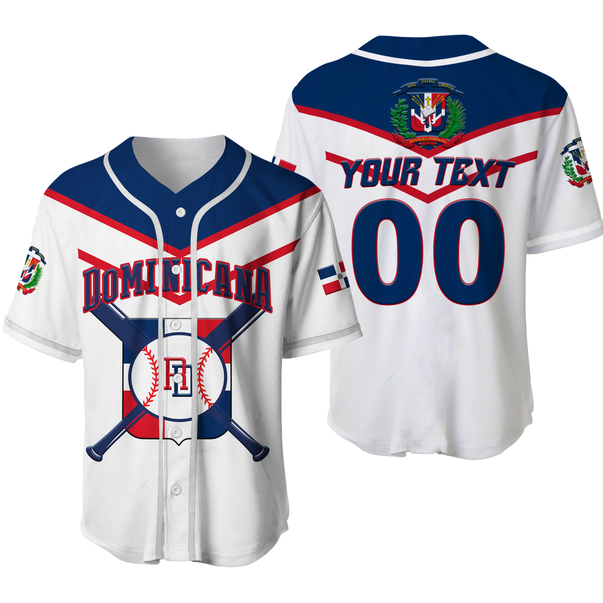 White baseball jersey with blue/red trim, DOMINICANA lettering and custom YOUR TEXT on back