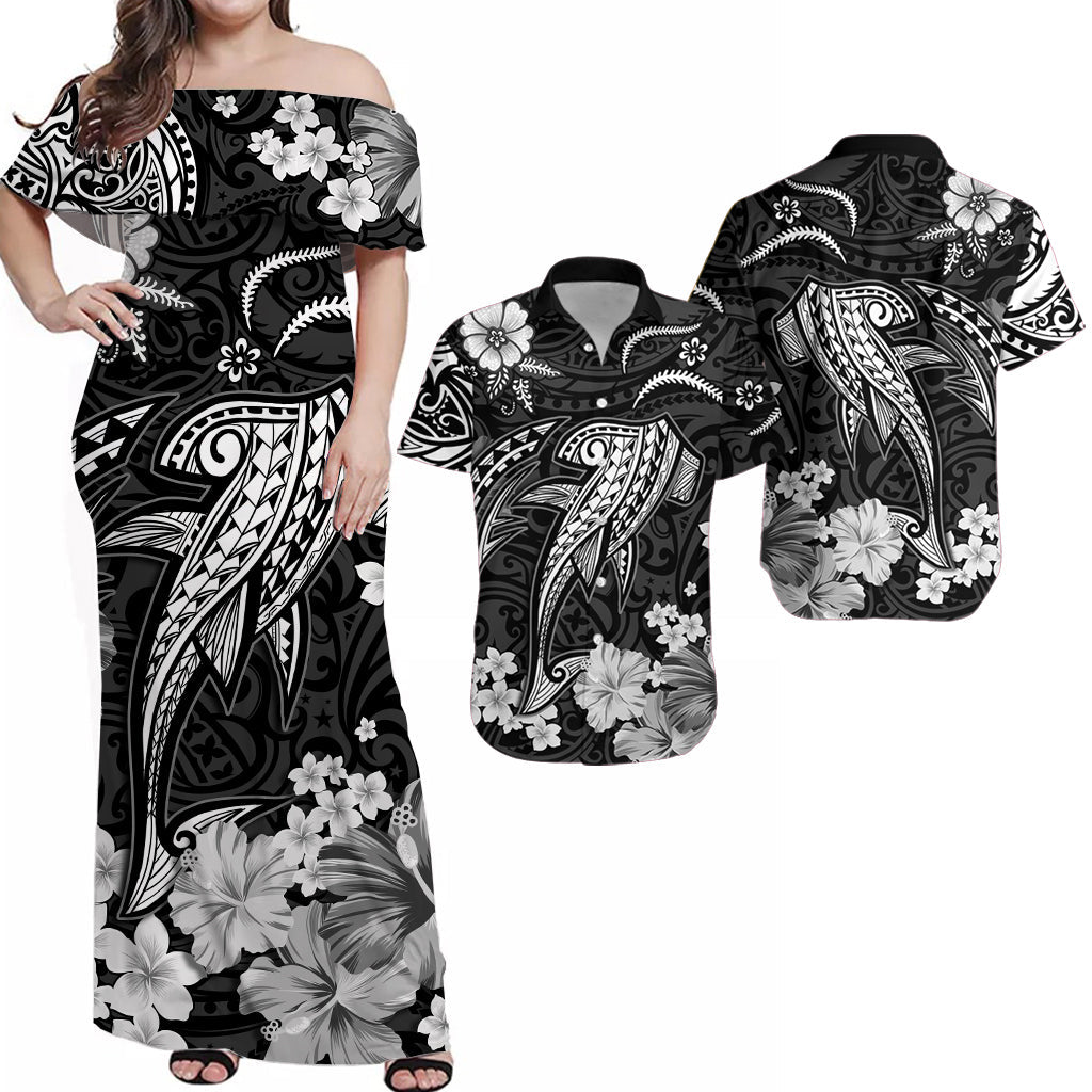 Polynesian-style off-shoulder maxi dress, black with white floral and shark motifs