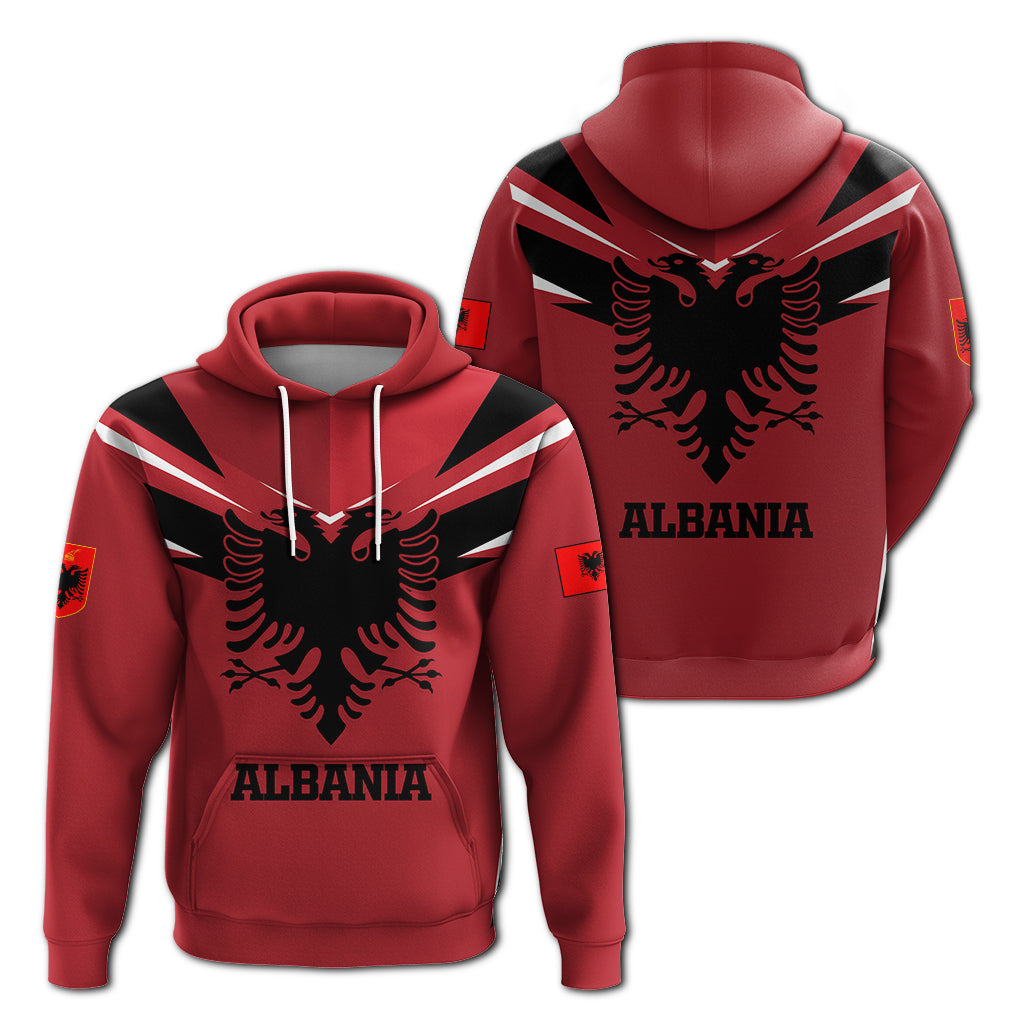Red Albania Pride hoodie with black eagle crest, 'ALBANIA' text, and front pouch pocket