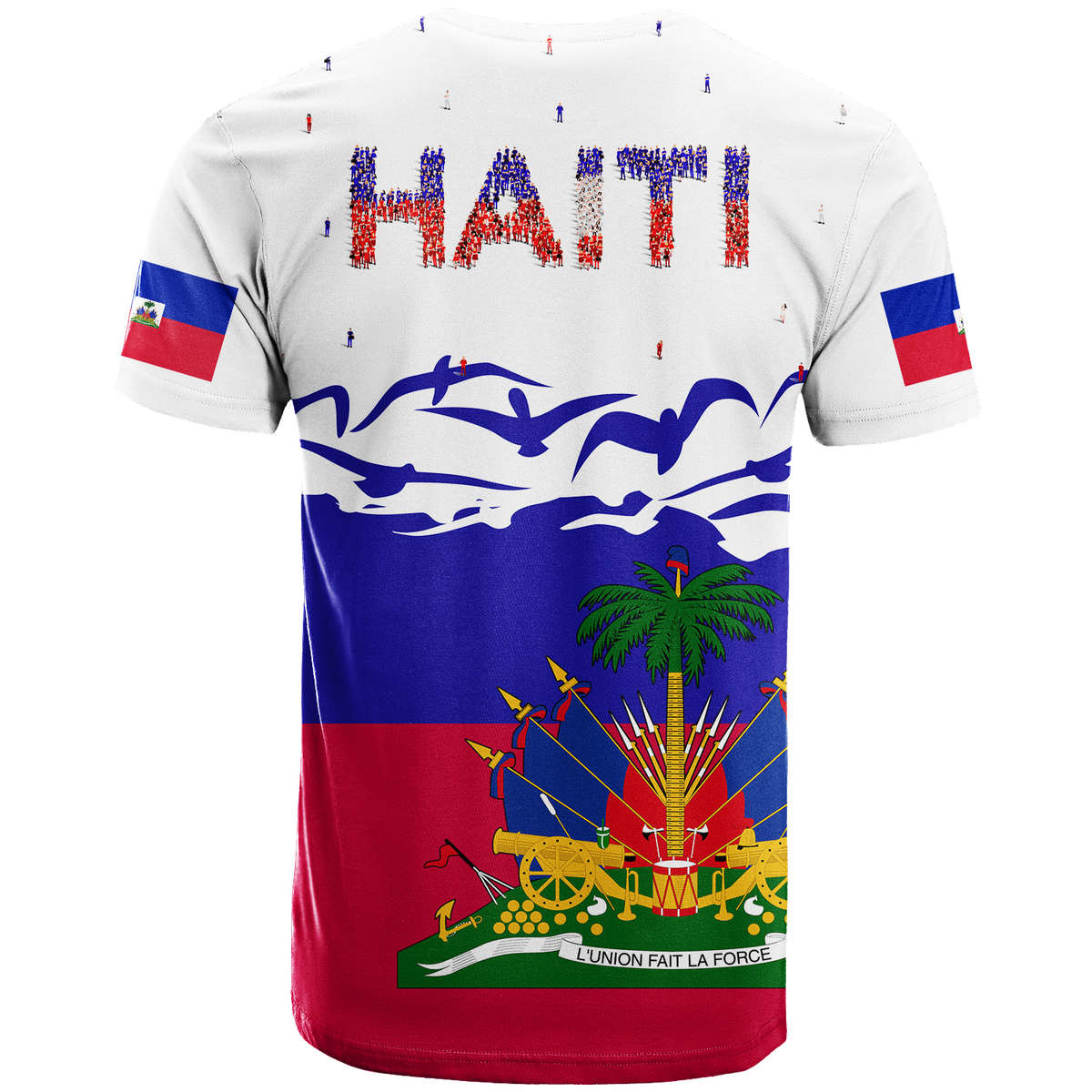 White T-shirt back with bold HAITI text, small figures, and flag sleeve panels