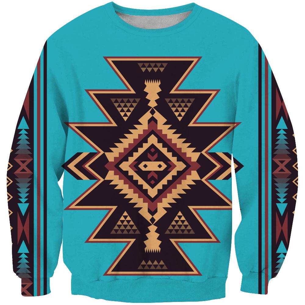Teal crewneck sweatshirt with large geometric 3D print and patterned sleeves