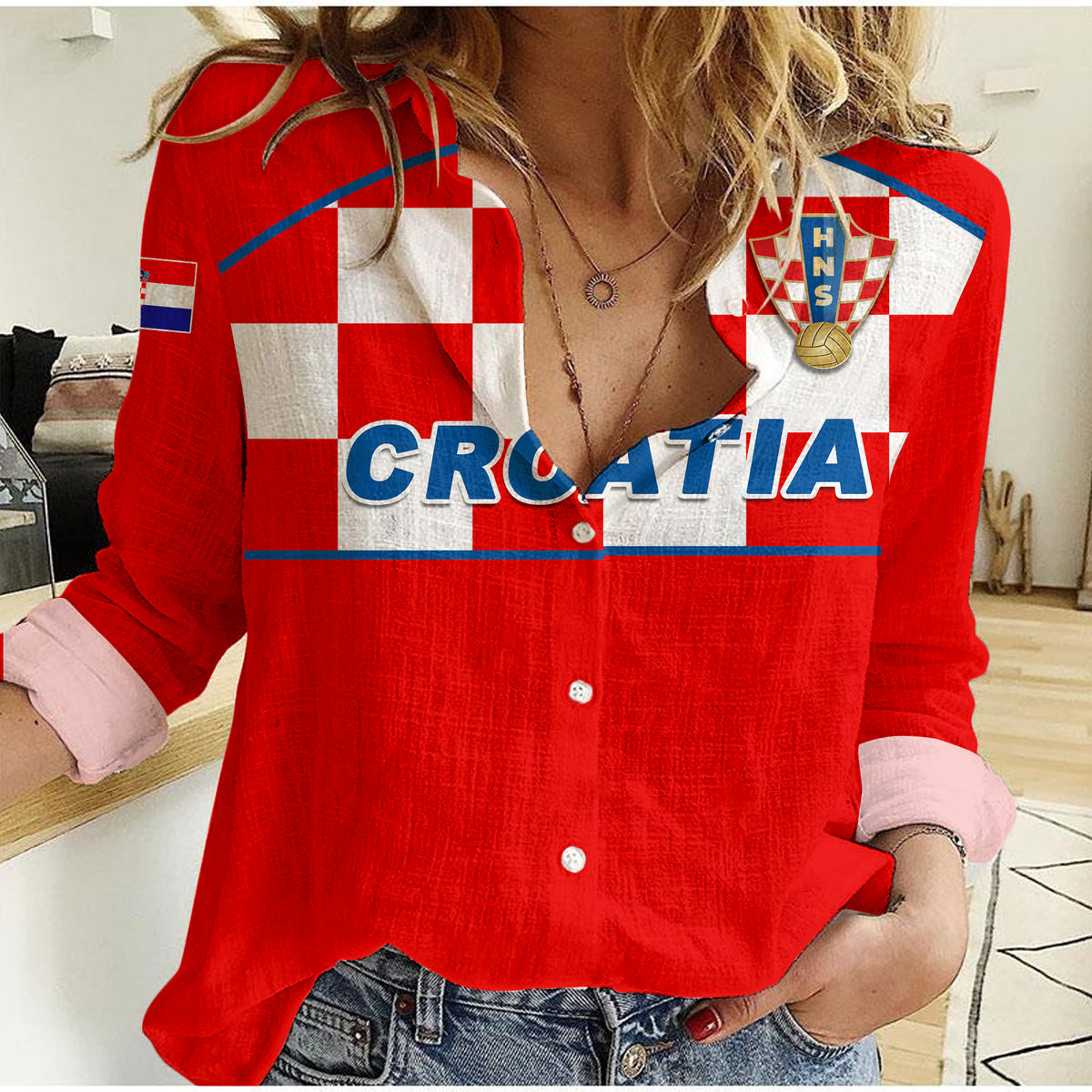 Women’s red casual shirt with Croatia checkerboard front graphic and button placket