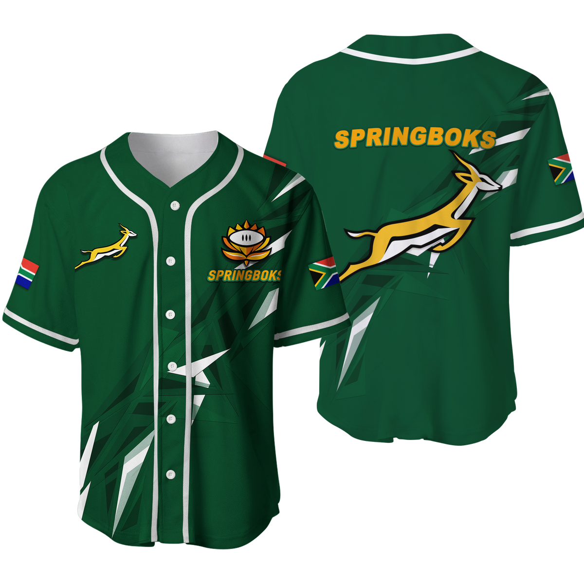 Green baseball jersey with white trim, button front, Springboks logo and text