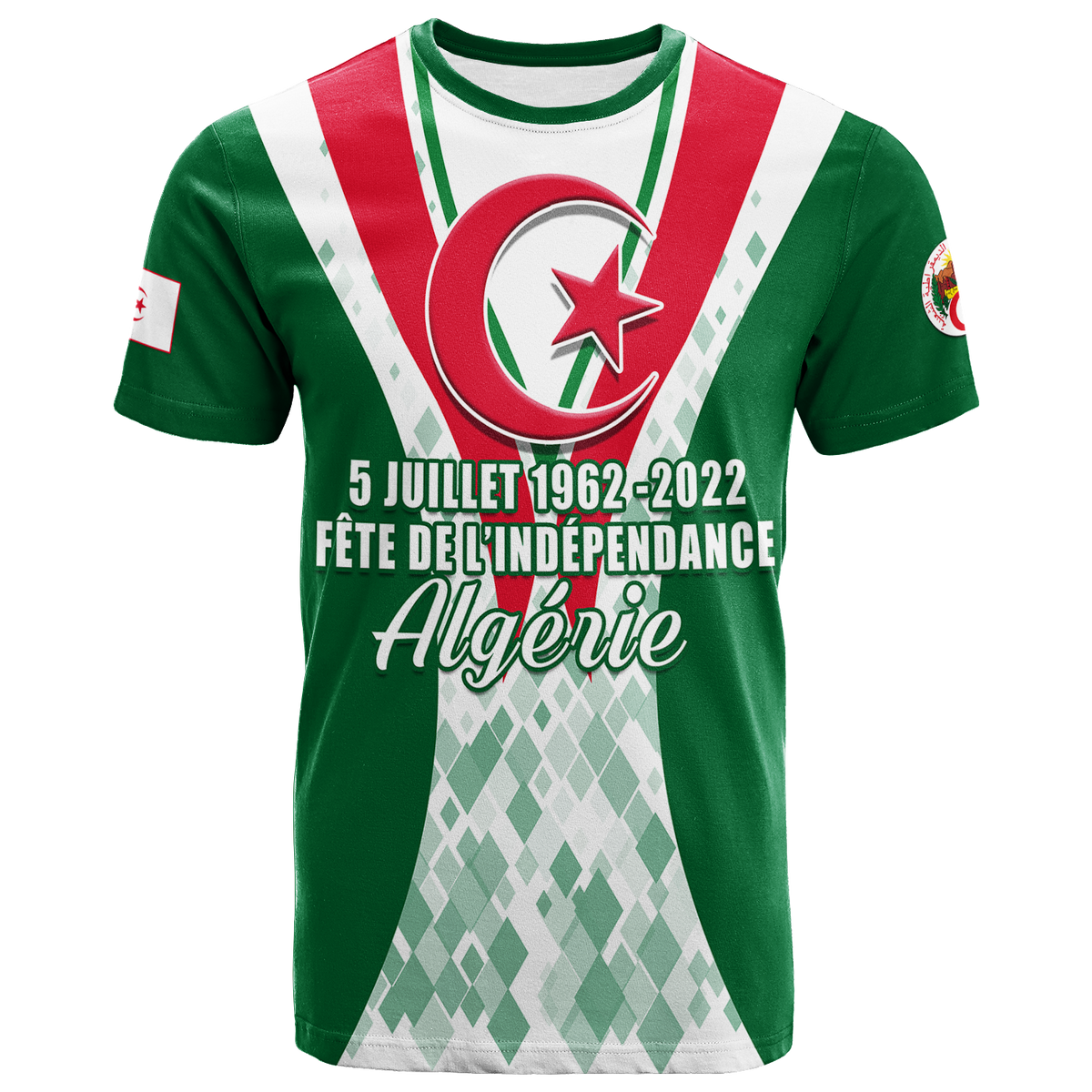 T-shirt vert Algérie avec étoiles rouges et texte « 5 Juillet 1962-2022 »