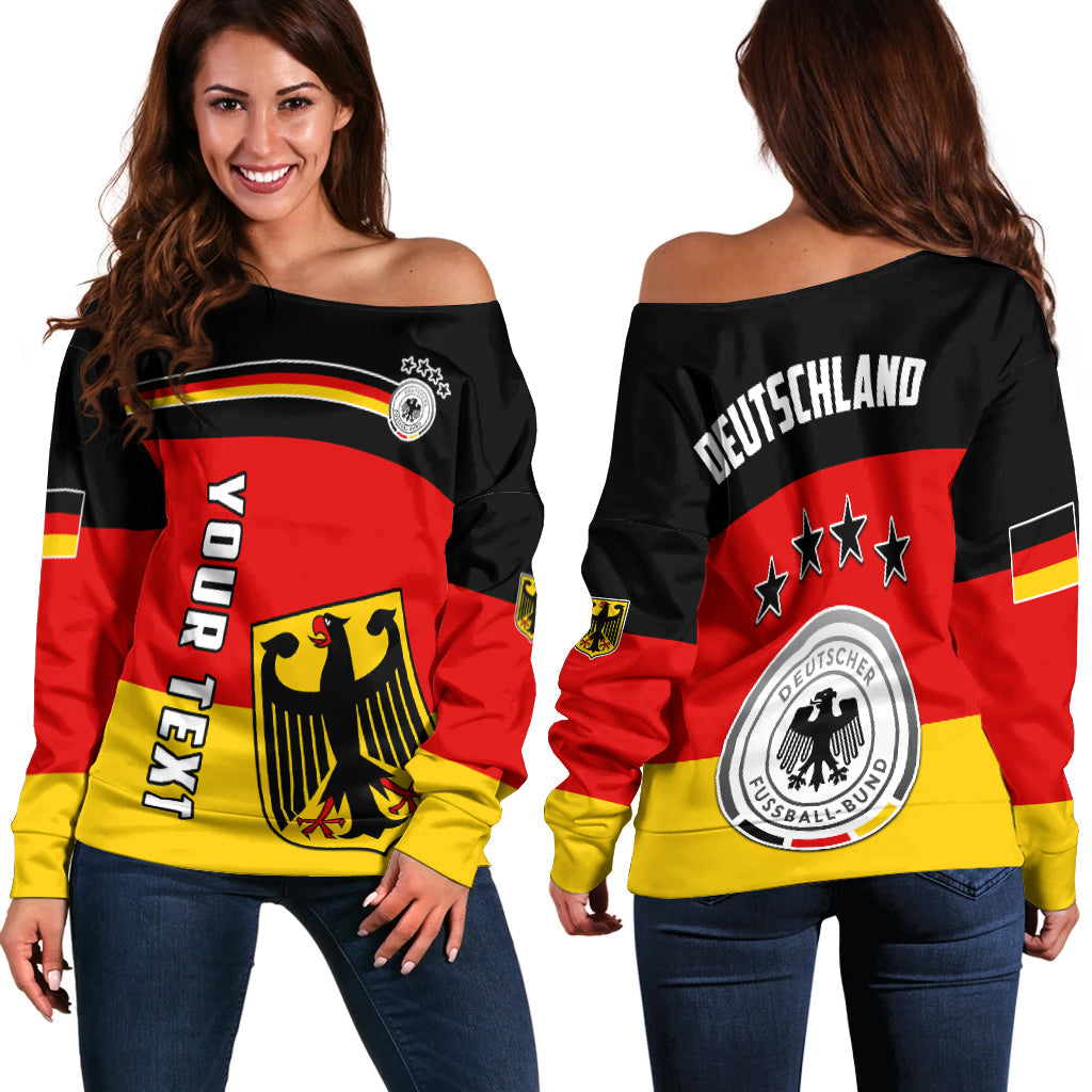 Off-Shoulder Damenpullover Deutschland-Fußball, Rot/Gelb/Schwarz mit Adler-Emblem