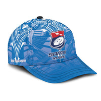 Blue rugby cap with Toa Samoa text, shield logo, and patterned crown