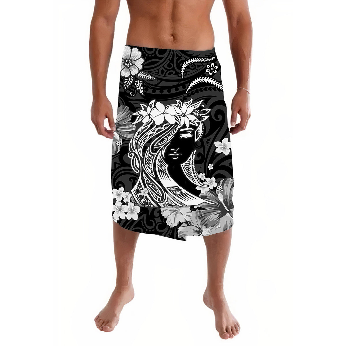 Black lavalava skirt with white floral and hula girl graphic