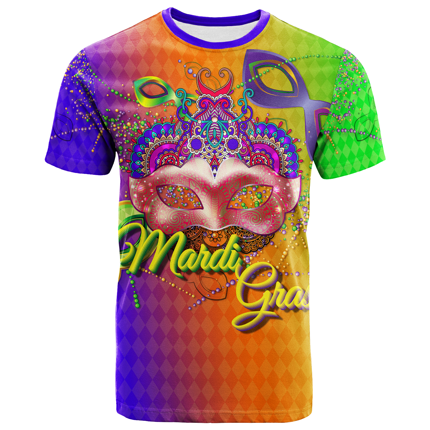 Mardi Gras Mask With Beads T Shirt LT12 - Wonder Print Shop