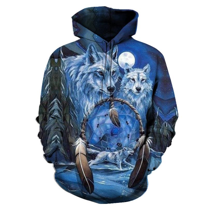 Pullover hoodie with wolf and dreamcatcher graphic, blue multicolor print