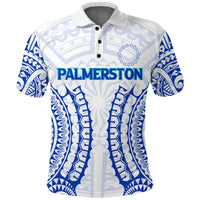 White polo shirt with blue tribal print; front 'PALMERSTON' graphic