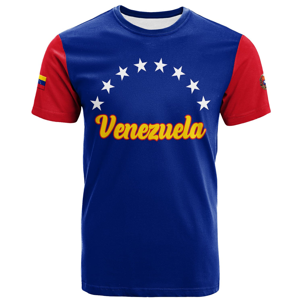 Custom Venezuela baseball pride T‑shirt, blue body with red sleeves and “Venezuela” front