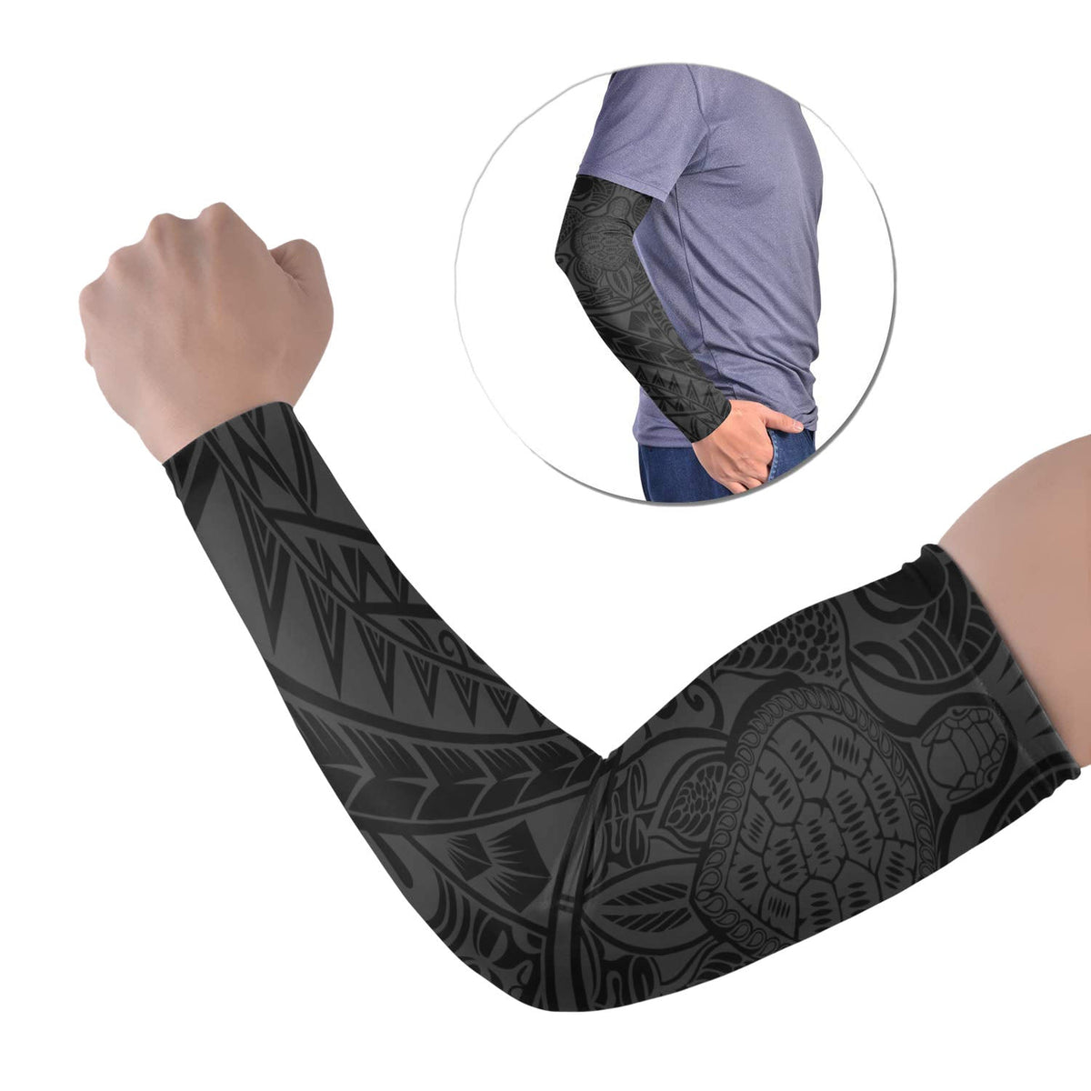 Set of two black tribal tattoo arm sleeves with detailed Polynesian-style patterns