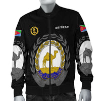 Black bomber jacket with Eritrea crest, 'ERITREA' chest text, and flag sleeve patches