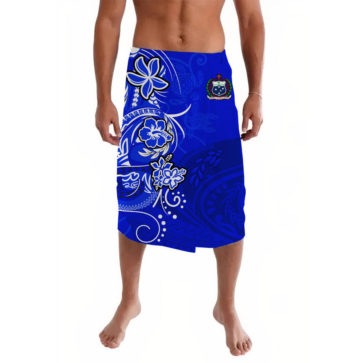 Blue lavalava sarong skirt with white floral and tribal design, knee length