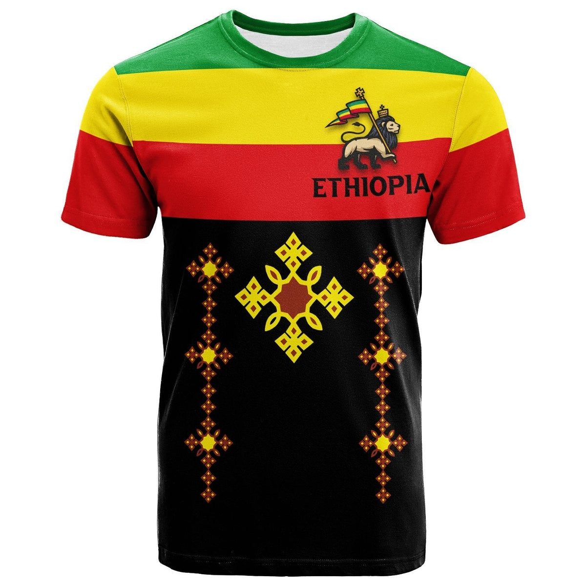 Ethiopia cross flag T-shirt, multicolor design with Ethiopia text and patterned cross