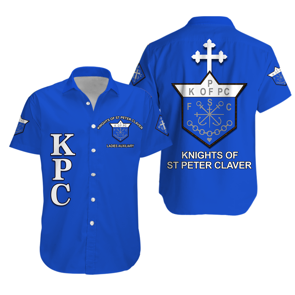 Blue unisex Hawaiian shirt with Knights of St Peter Claver logo on front and back