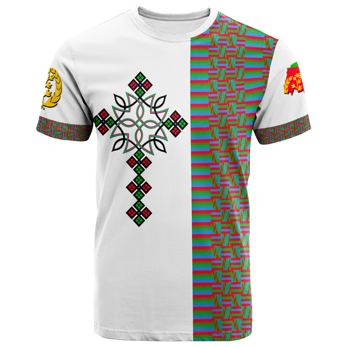 White T-shirt with colorful Eritrea cross graphic; patterned sleeves and side panel