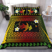 Black Hawaii bedding set with rooster and plumeria flowers, patterned duvet and pillows