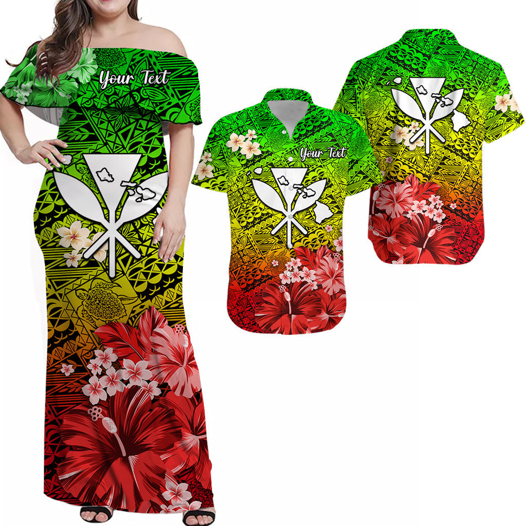 Reggae tropical maxi dress, off-shoulder, green map turtle cross with red hibiscus flowers