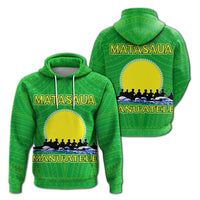 Green pullover hoodie with MATASAUa & MANU'ATELE front graphic, hood and white drawstrings
