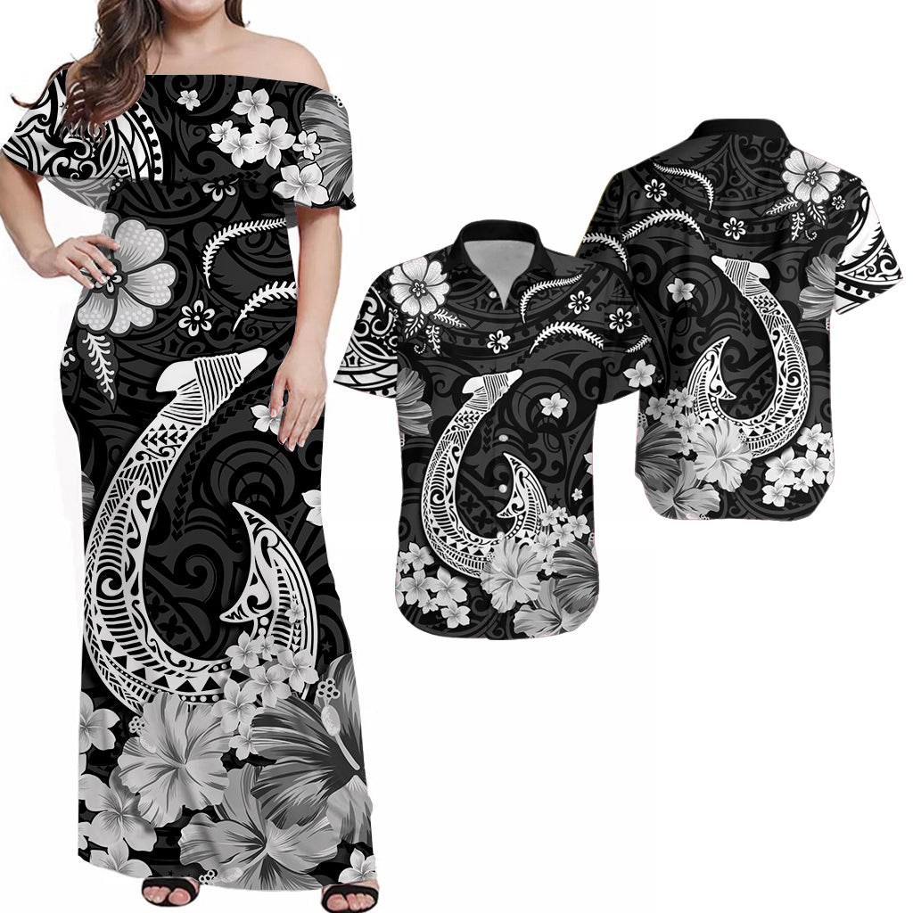 Black off-shoulder Hawaiian dress with white floral and fish-hook style print, maxi length