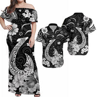 Black off-shoulder Hawaiian dress with white floral and fish-hook style print, maxi length