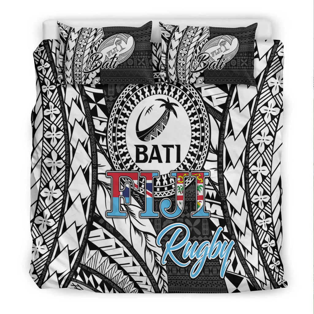 Fiji Rugby Bati bedding set, black-and-white leaf and zigzag motifs, “Fiji Rugby” graphic