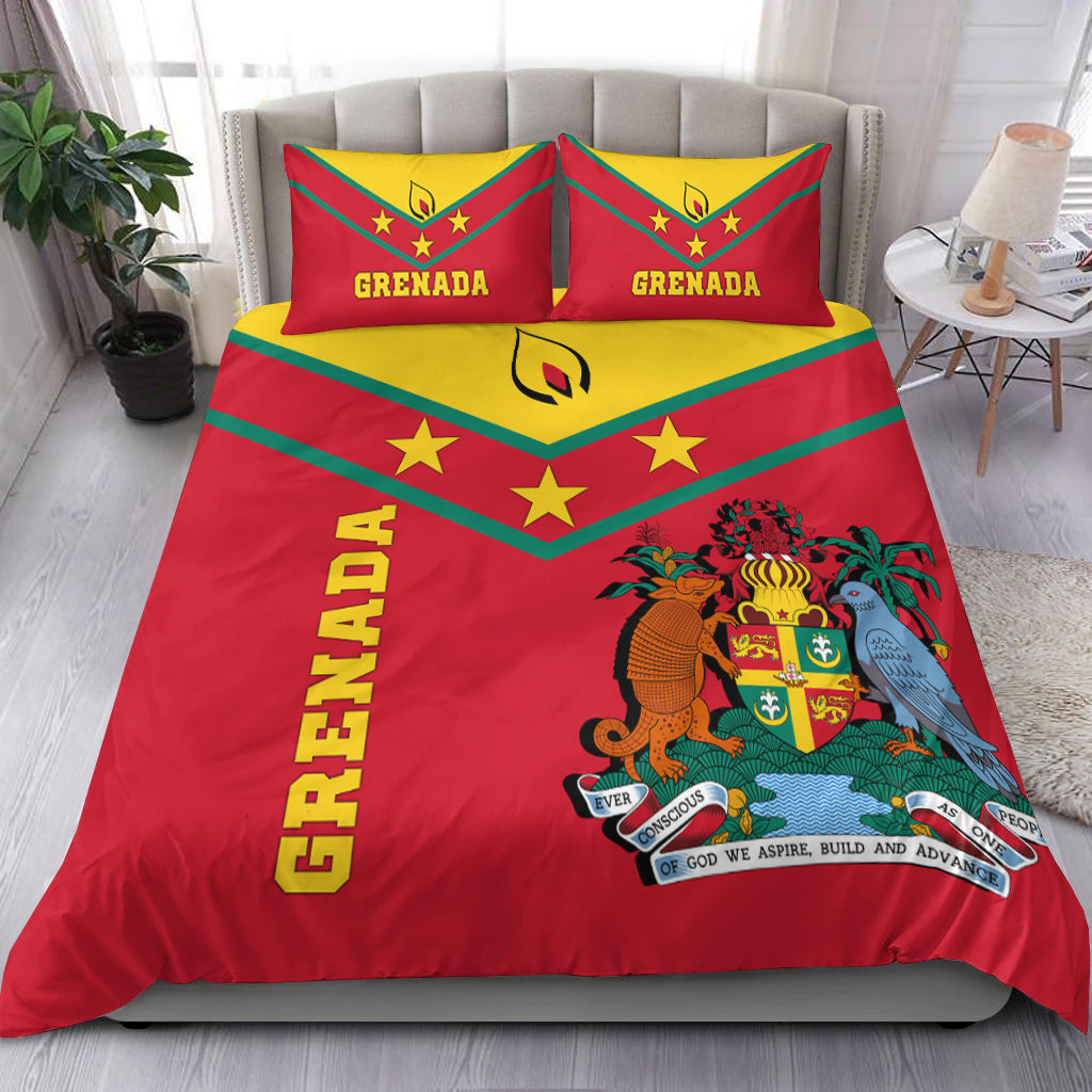 Red Grenada bedding set: flag comforter with crest, two matching pillows