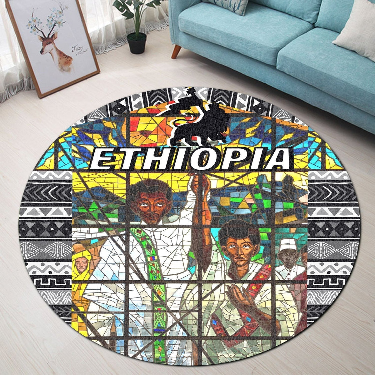 Round Ethiopia mosaic carpet with multicolor figures and geometric border, black trim