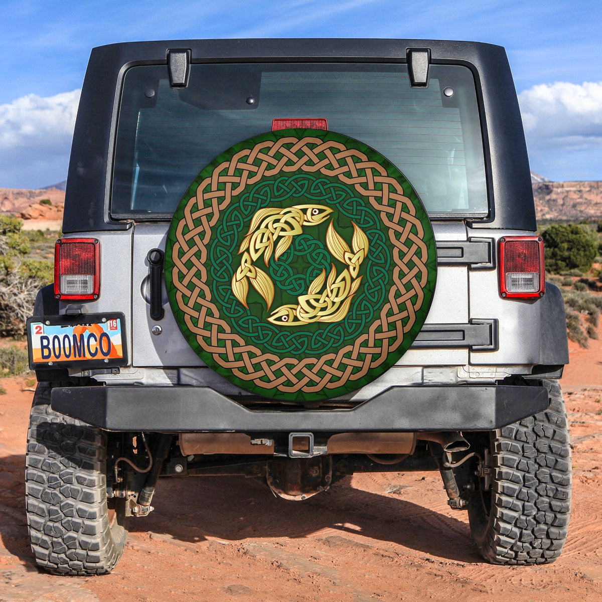 Spare tire cover with green Celtic knot pattern and salmon graphic, round design