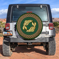 Spare tire cover with green Celtic knot pattern and salmon graphic, round design