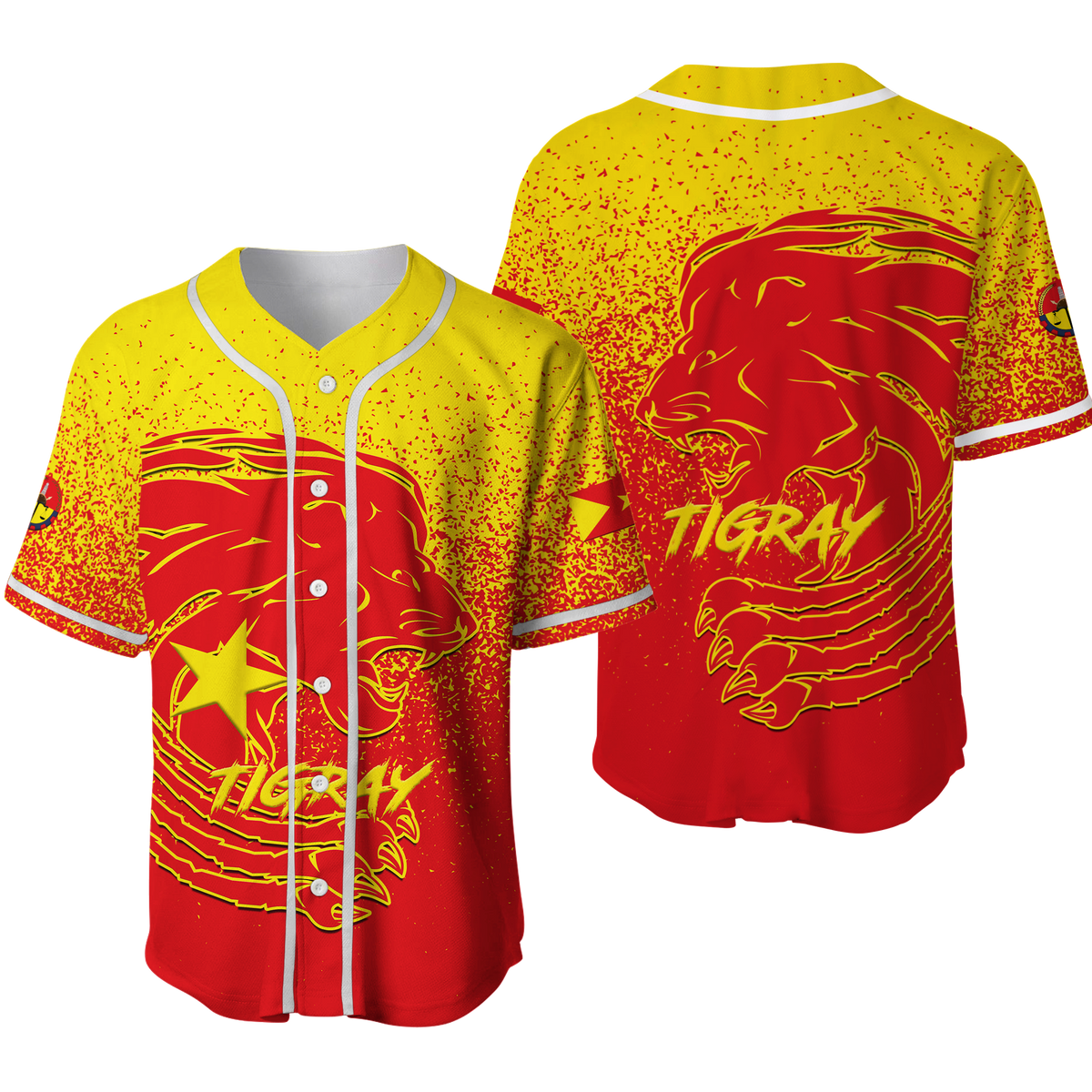 Colorful Tigray lion baseball jersey, red button-front with yellow speckle and lion graphic