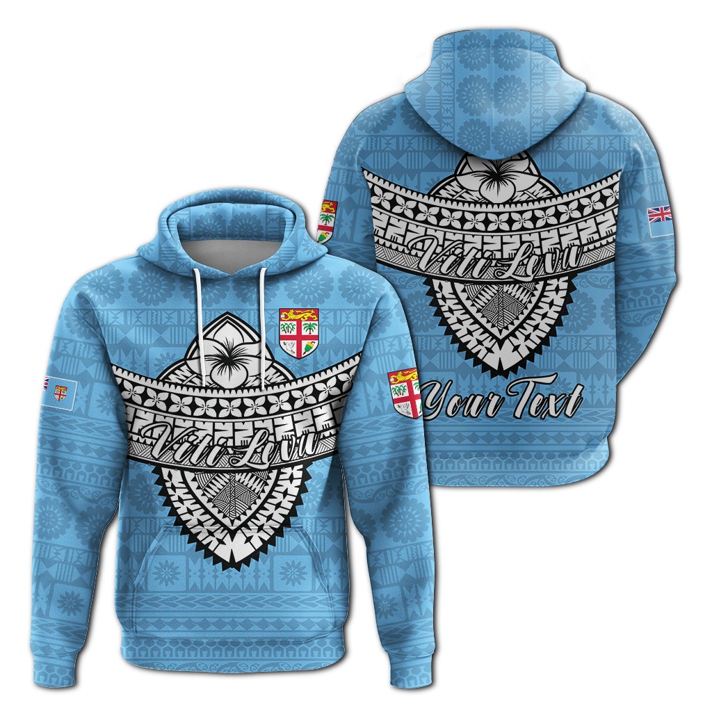 Blue pullover hoodie with tribal tapa front/back graphic and hood drawstrings