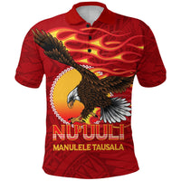 Red polo shirt with eagle graphic, flame design, and buttoned collar