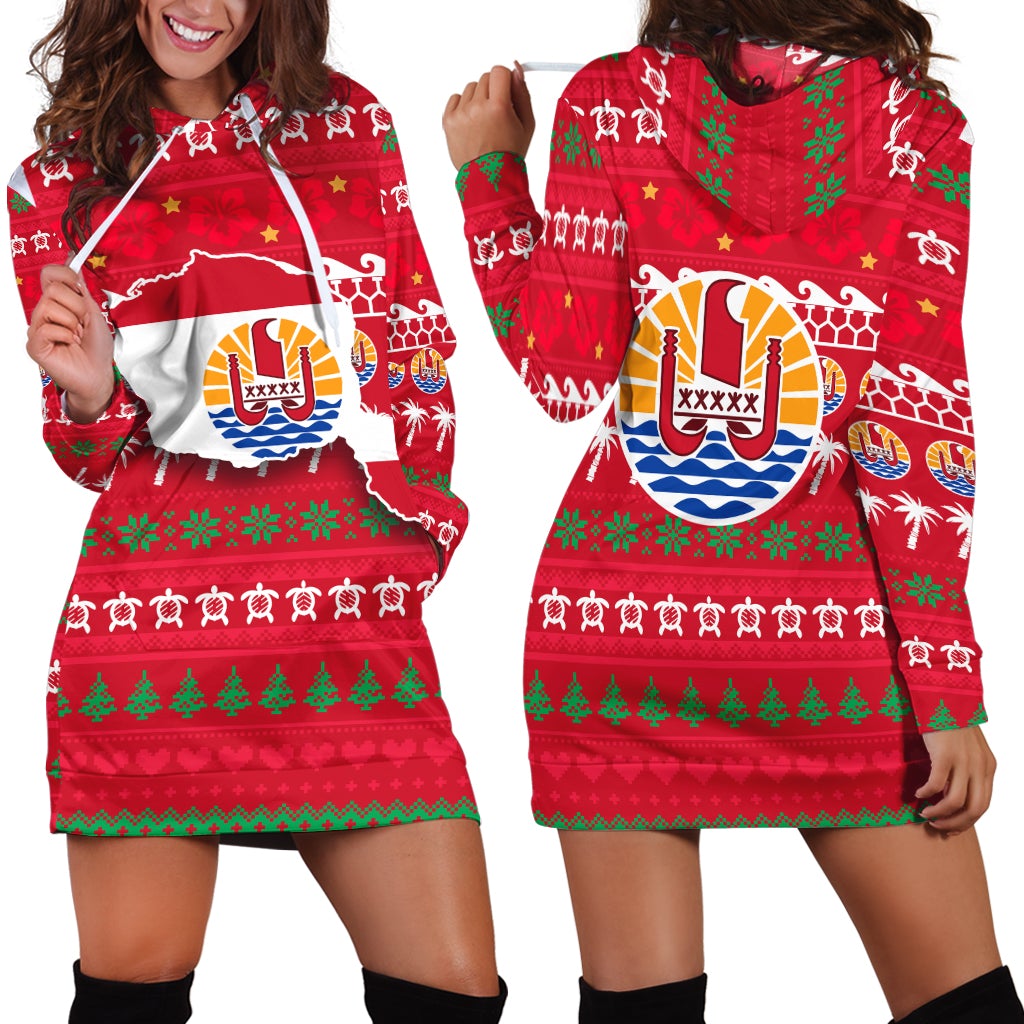 Red hoodie dress with front tropical holiday graphic, drawstring hood, long sleeves