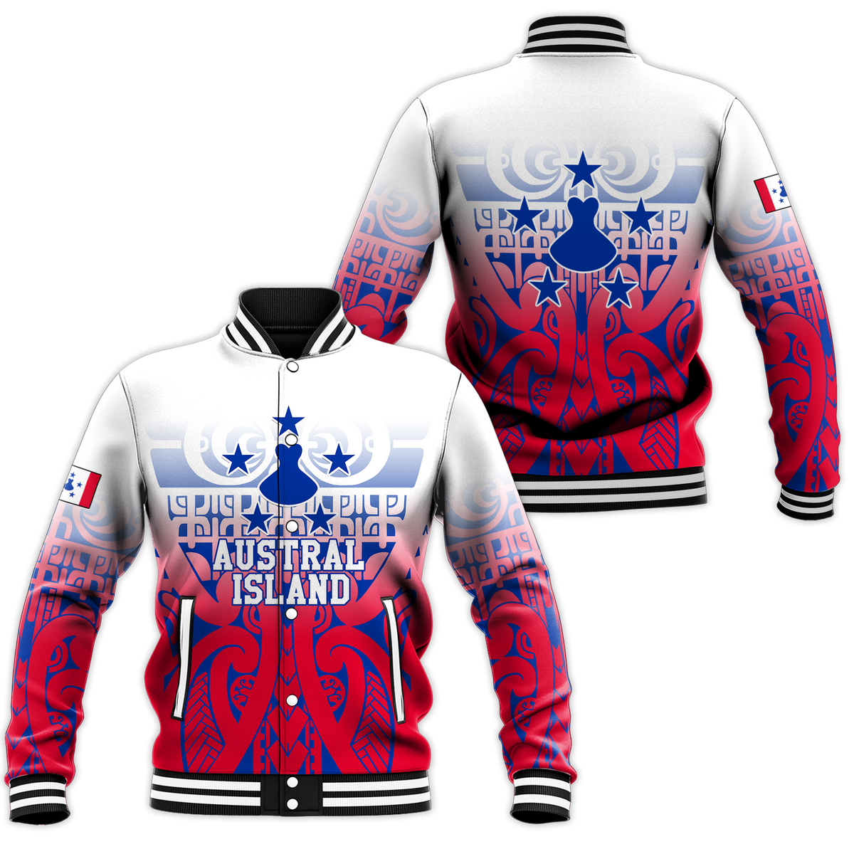 Unisex red-and-white varsity baseball jacket with blue tribal graphic, snap buttons, rib cuffs