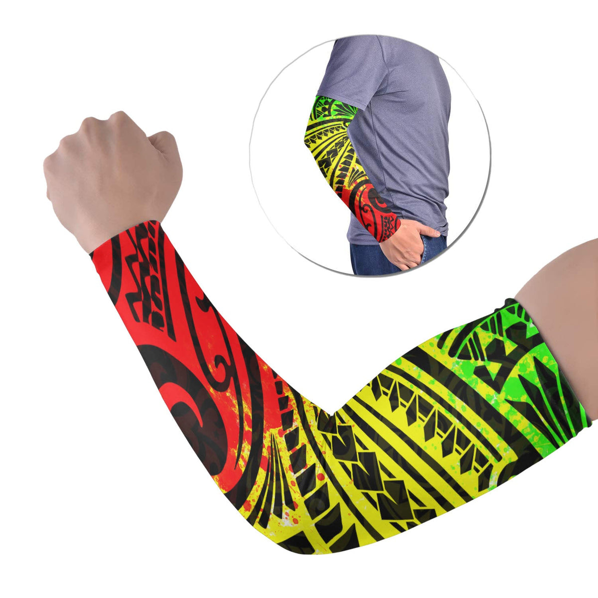 Tribal tattoo arm sleeve with green yellow red pattern, set of two, dark base