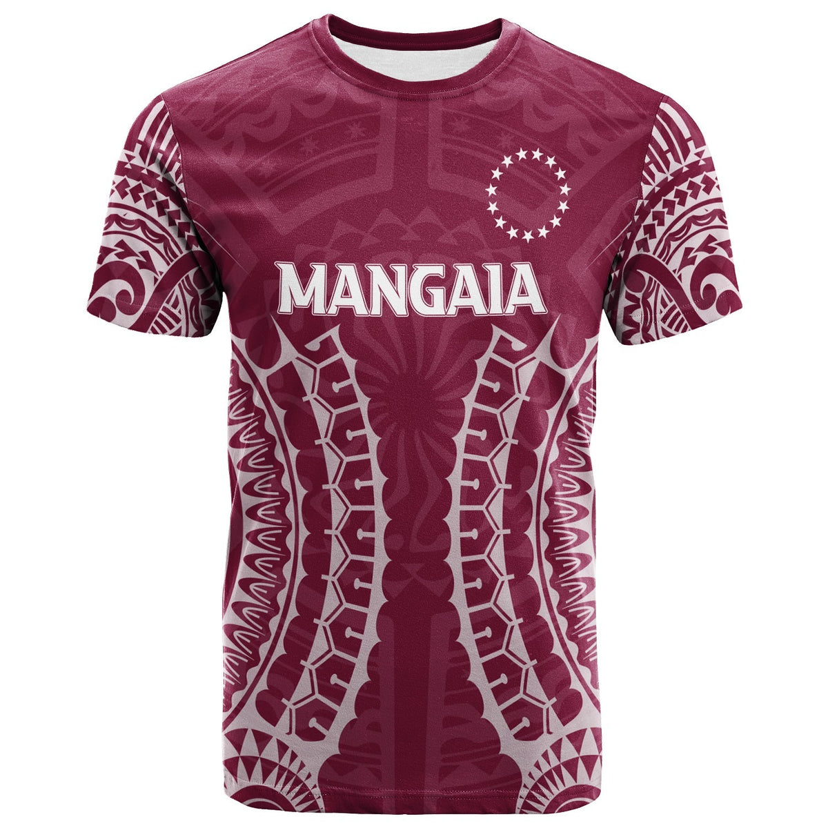 Pink Mangaia tribal T-shirt with bold front graphic and white pattern sleeves