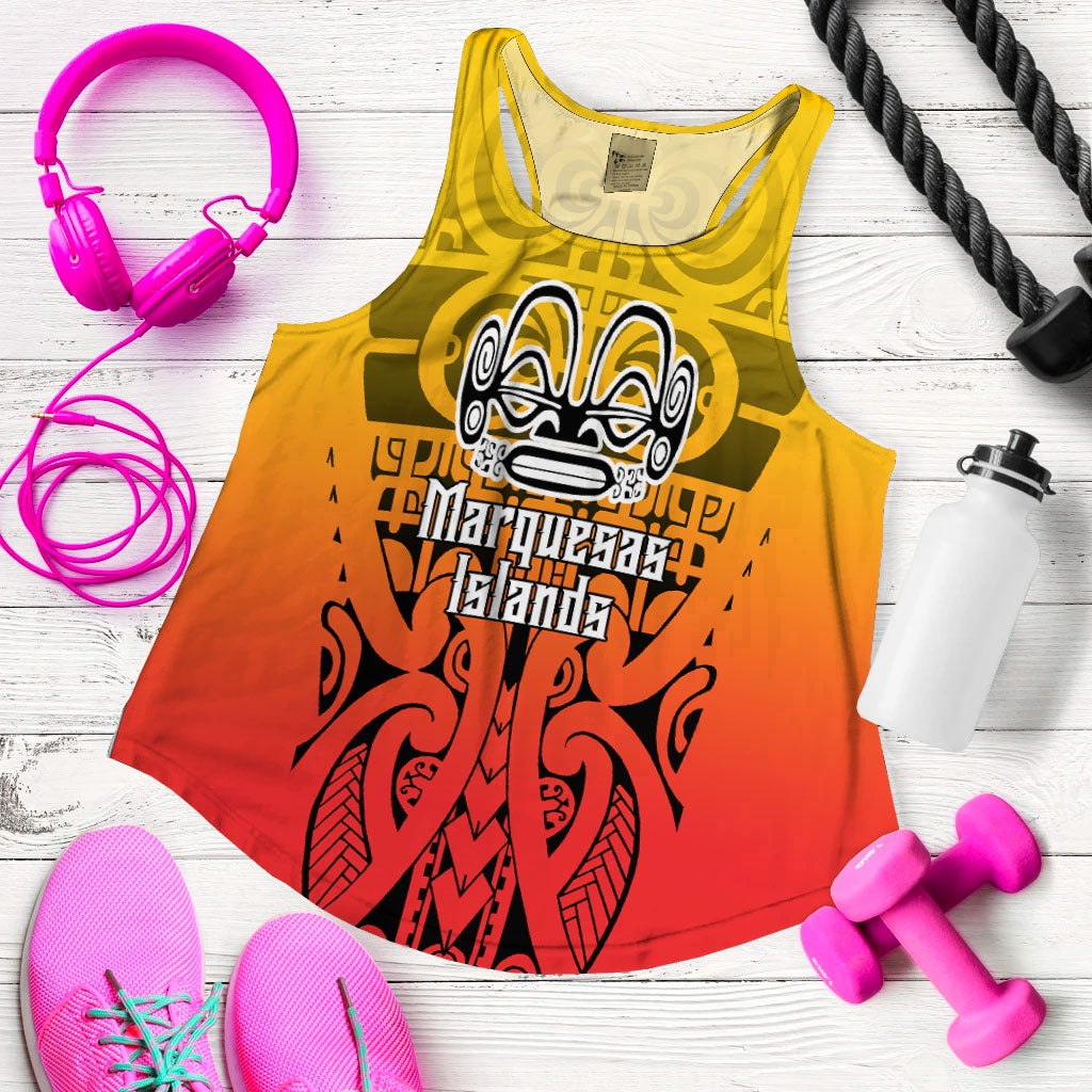 Red sleeveless tank with yellow neckline and centered Marquesan tattoo print, flat lay