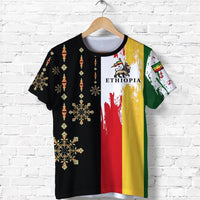 Ethiopia flag T-shirt with black aztec pattern, elephant logo front