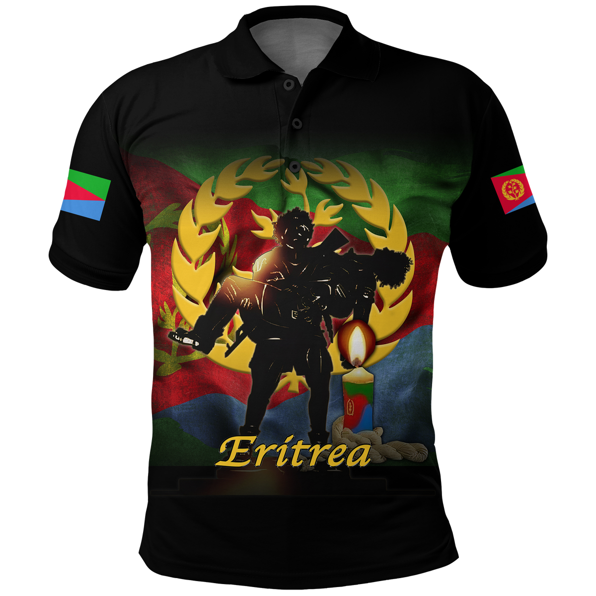 Black polo shirt with front Eritrea graphic and candle vigil text, short sleeves