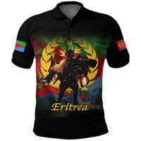 Black polo shirt with front Eritrea graphic and candle vigil text, short sleeves