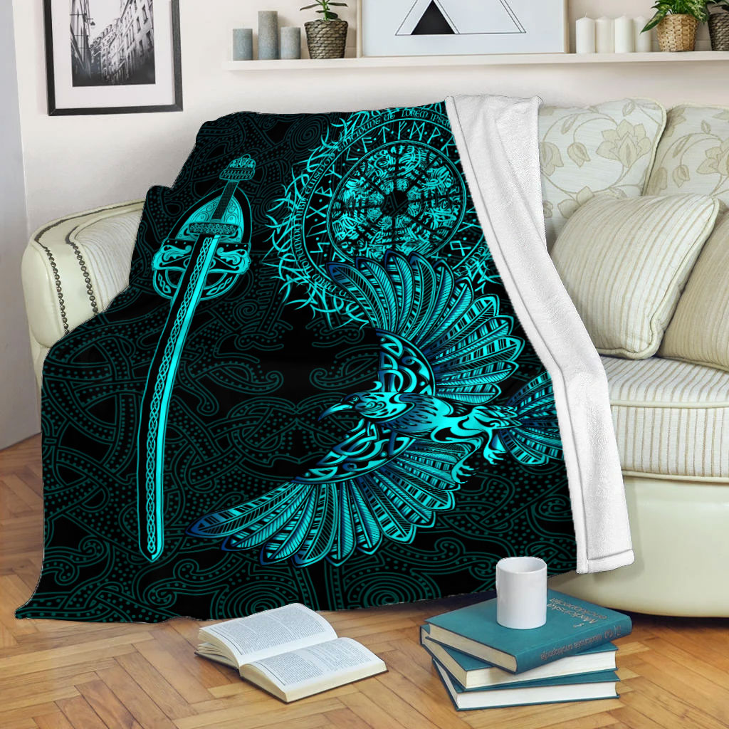Black blanket with teal Viking raven tattoo art, sword and winged bird graphic