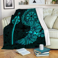 Black blanket with teal Viking raven tattoo art, sword and winged bird graphic